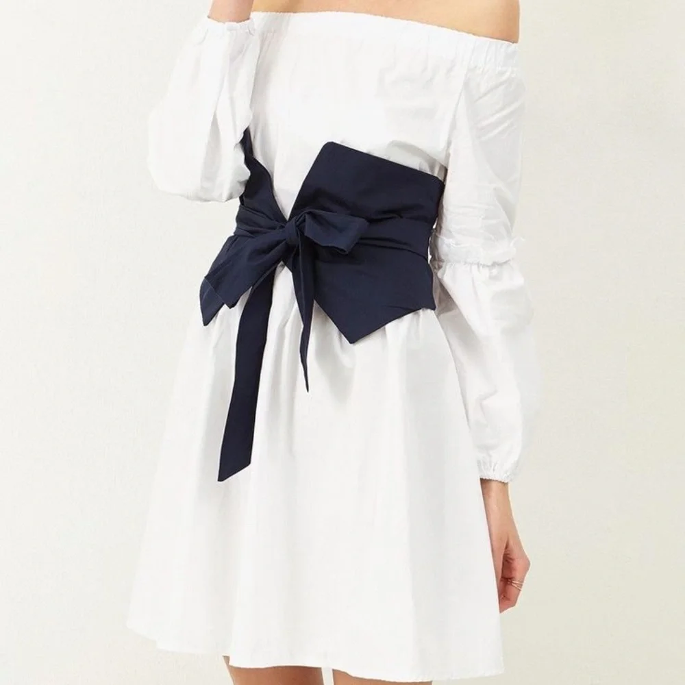 White Off-the-Shoulder Dress w/ Navy Waist Tie – Size S - Picture 1 of 5